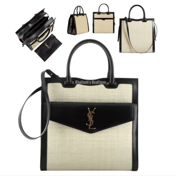 Very Rare! YSL Saint Laurent Uptown 2 in 1 Tote Canvas w/ Leather RAFFIA SATCHEL - Picture 3 of 16